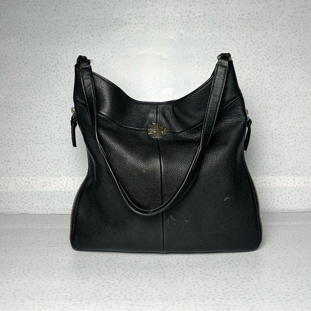 Tory Burch Black Pebbled Leather Expandable Hobo Shoulder Bag